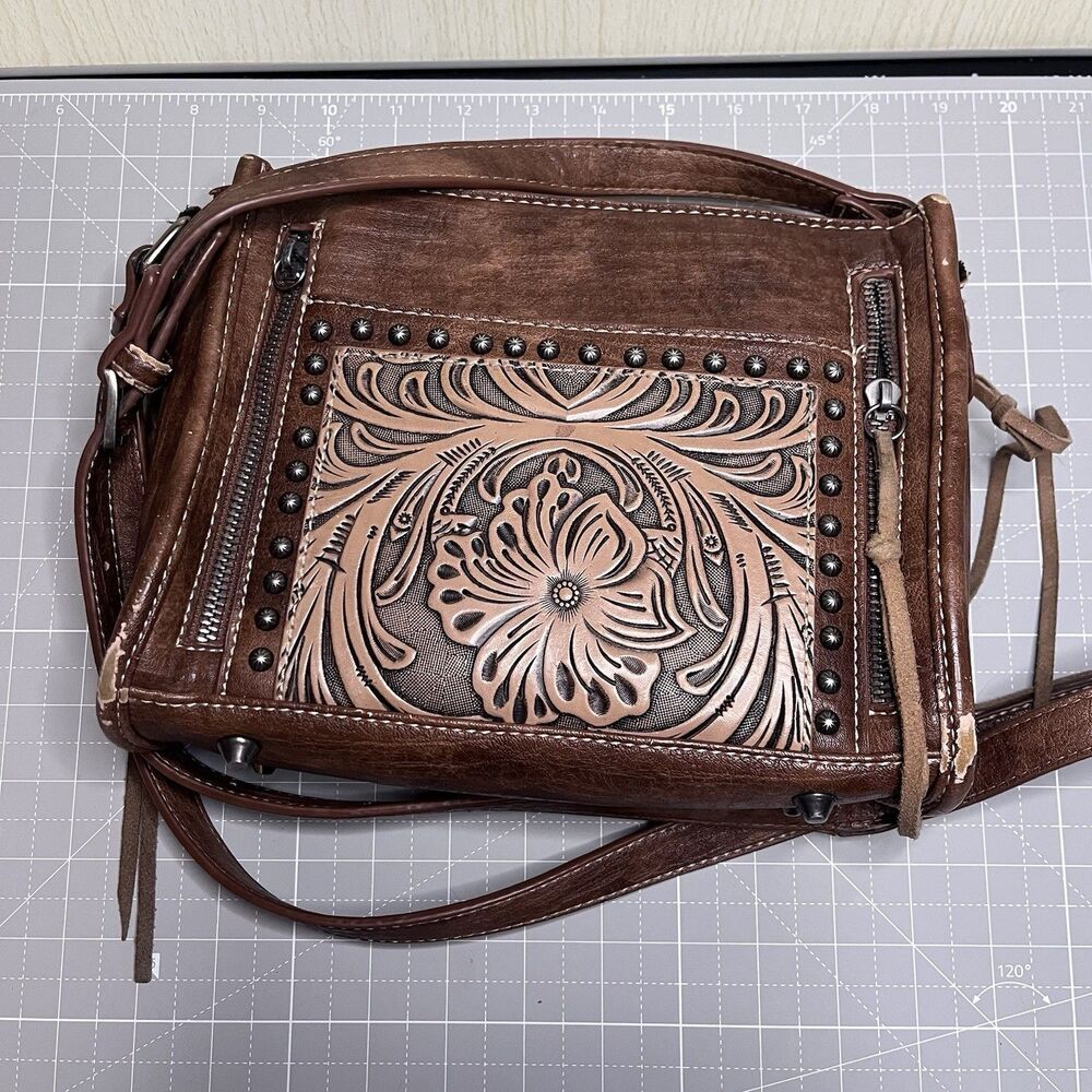 Trinity Ranch Brown Tooled Floral Western Satchel Zip Top Farmhouse Leather